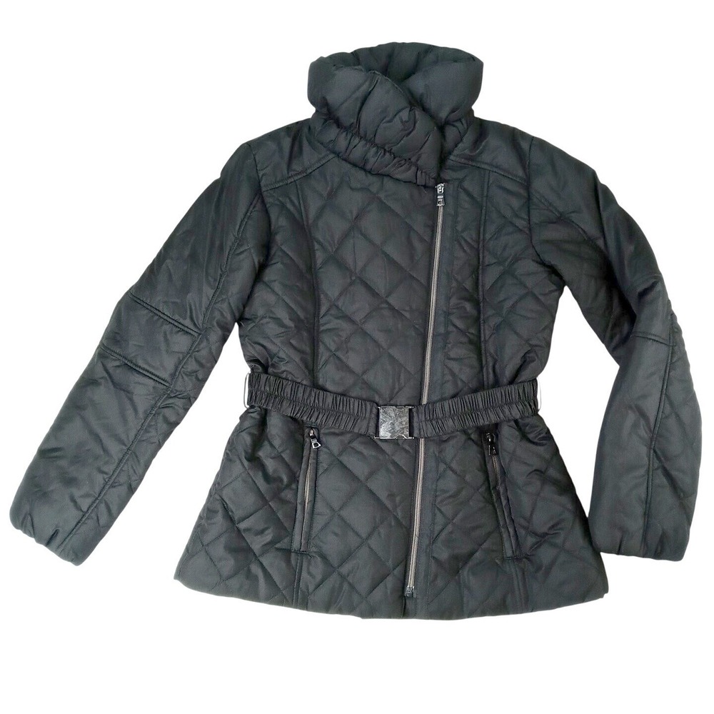 NWT Vintage Black Quilted Belted Puffer Jacket Stand Collar Full Zip Women's M